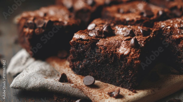 Fototapeta Pieces of chocolate brownie cake with chocolate chips around. Generative AI image