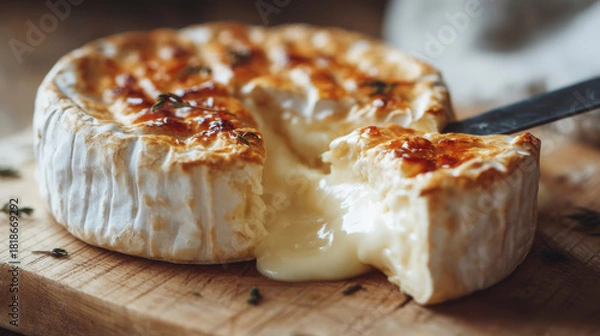 Fototapeta Creamy baked camembert cheese dish served on wooden board and fresh herbs. Delightful appetizer. Generative AI image
