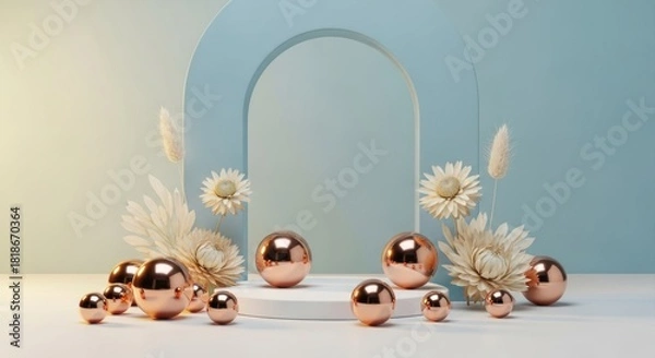 Fototapeta Minimalist display with copper spheres and dried flowers against blue arch.