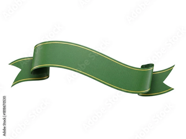 Obraz Green ribbon banner isolated PNG on transparent background, decorative element with gold trim for graphic design and festive projects