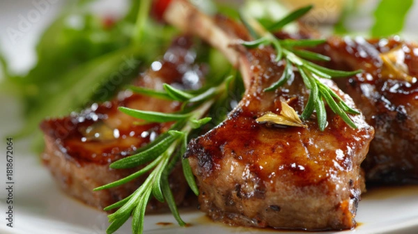 Fototapeta Juicy glazed lamb chops grilled to perfection and garnished with fresh herbs, ready for a gourmet meal in an elegant setting. Generative AI image