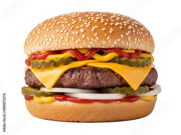 Obraz Delicious cheeseburger with sesame bun isolated on transparent PNG, classic American fast food with beef patty and toppings for restaurant menu