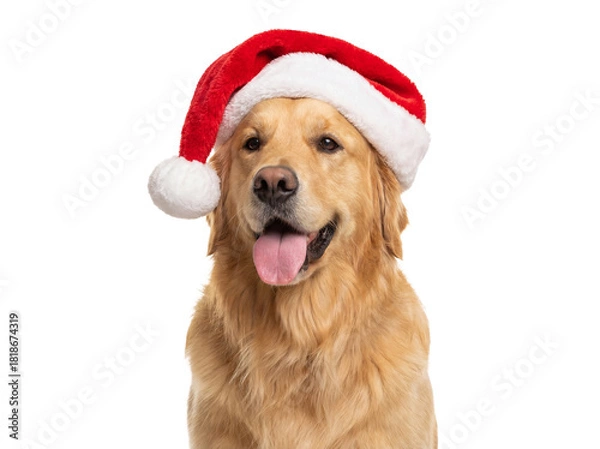 Obraz Golden Retriever dog wearing a Santa hat isolated PNG, festive pet portrait for Christmas holiday designs on transparent background