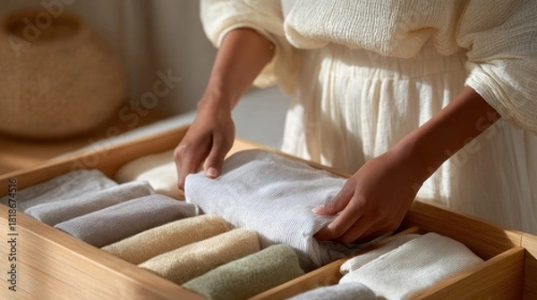 Fototapeta Home Organization — person calmly folding soft neutral clothes in a wooden drawer, serene minimalist style, for tidy wardrobe storage, cleanliness, decluttering, and domestic routine
