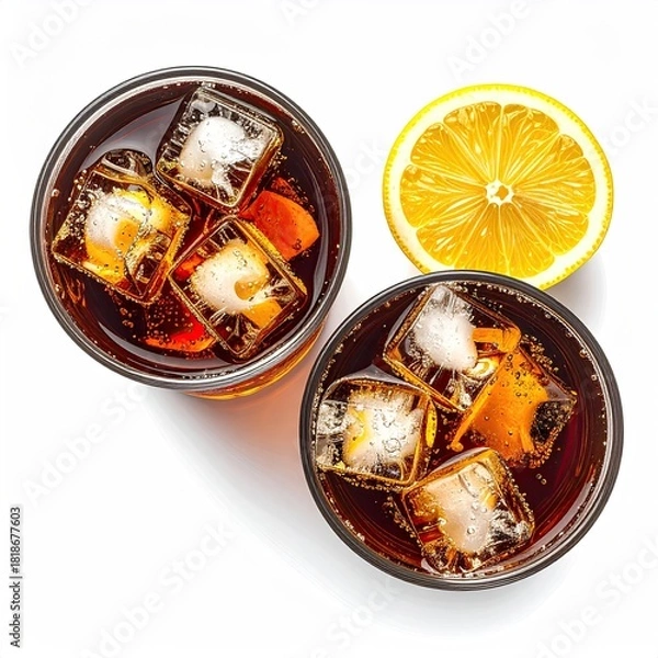 Fototapeta Two glasses of cola with ice cubes, a lemon slice
