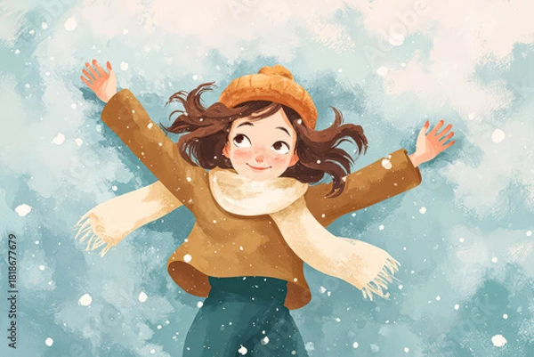 Obraz Young girl enjoying winter snowfall with arms outstretched in a joyful expression