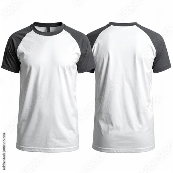Fototapeta Blank white t-shirt with dark gray raglan sleeves, front and back views (2)