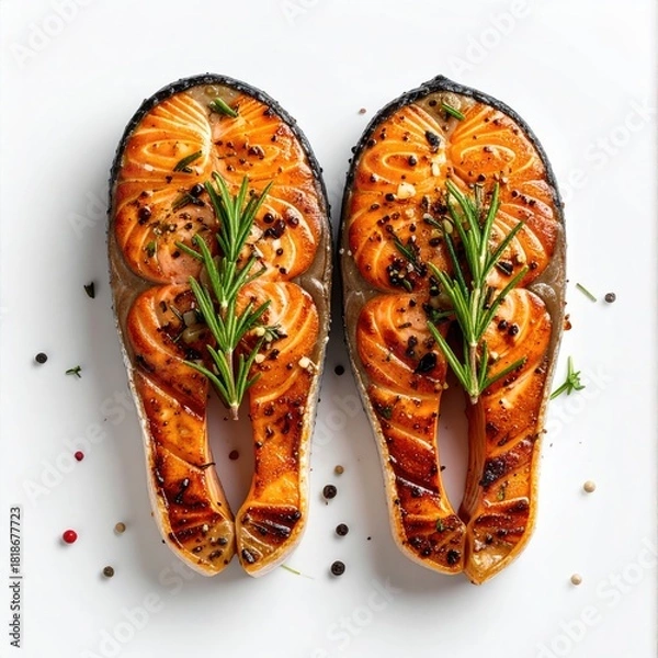 Fototapeta Two pan-seared salmon fillets, topped with fresh rosemary sprigs and seasonings, displayed on a white background
