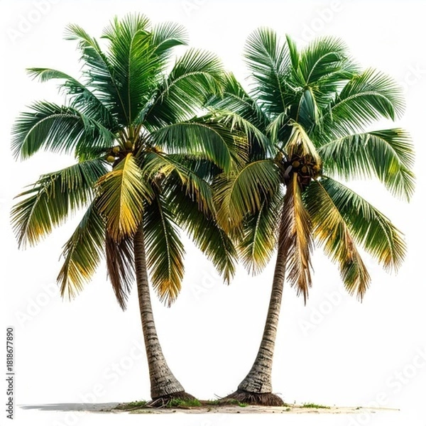 Fototapeta Two vibrant coconut palms stand tall against a white background.  Healthy green fronds and trunks are visible,  with some light brown/yellow tones on the leaves