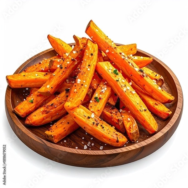 Fototapeta Roasted sweet potato fries on a wooden plate.  Crispy, golden-orange fries, seasoned with salt and pepper, piled high on a round, light brown wooden platter.  Isolated against a white background