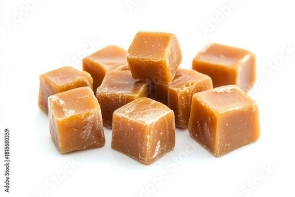 Fototapeta Several caramel candy cubes arranged on solid white background. Smooth surface, rich color, and inviting texture highlighted by bright lighting. Neural network AI generated
