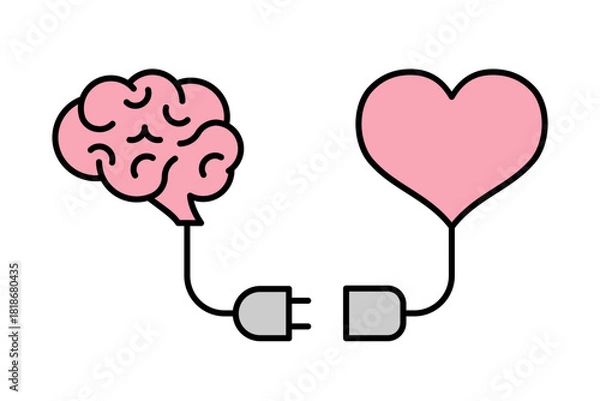 Fototapeta Brain and heart connection by plug cables. Mind and feelings harmony, emotional intelligence, decision balance. Logic and love disconnection concept. Self care idea. Psychology. Vector illustration. 