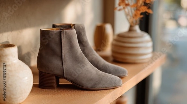 Fototapeta Ankle boots, calm minimalist retail display – gray suede pair on wooden shelf in warm natural light, clean product styling for fashion ecommerce catalogs and boutique