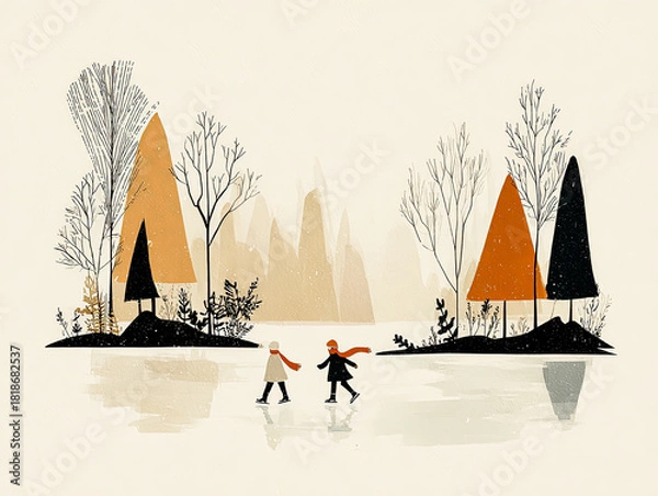 Obraz Kids skating on a frozen lake in a forest, wearing red and blue scarves with copy space