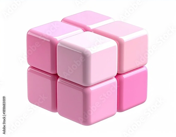 Fototapeta A 3D rendering of a large cube, composed of six smaller, glossy cubes.  Shades of pink vary smoothly from light to dark across the cubes