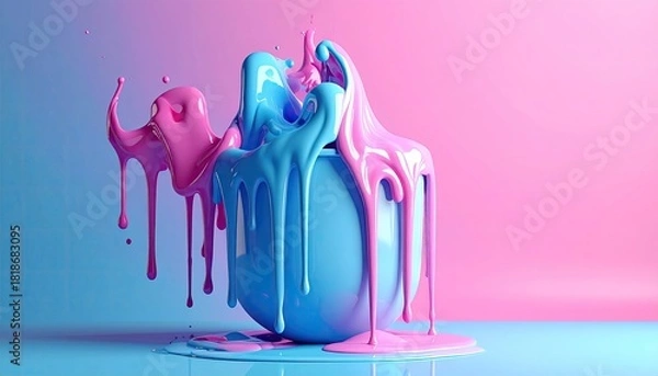 Fototapeta Fluid, vibrant paint spills from a 3D orb, in a dynamic display of pink and blue