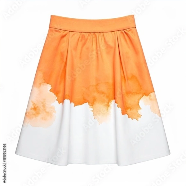 Fototapeta Orange and white watercolor-style skirt.  A midi skirt with a high waistband.  The skirt is a vibrant orange at the top, fading into a soft white below,  with a watercolor-like pattern