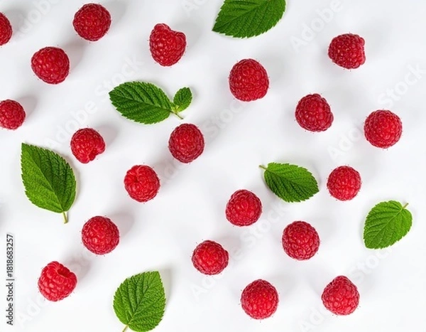 Fototapeta Fresh raspberries and mint leaves arranged on a white surface