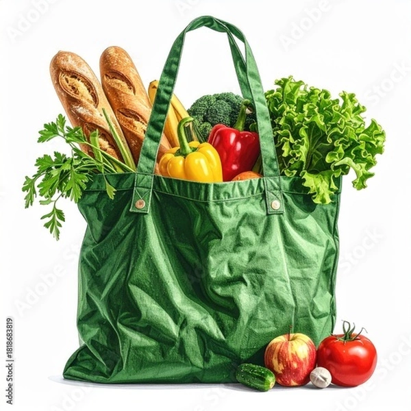 Fototapeta Green reusable shopping bag overflowing with fresh produce and bread