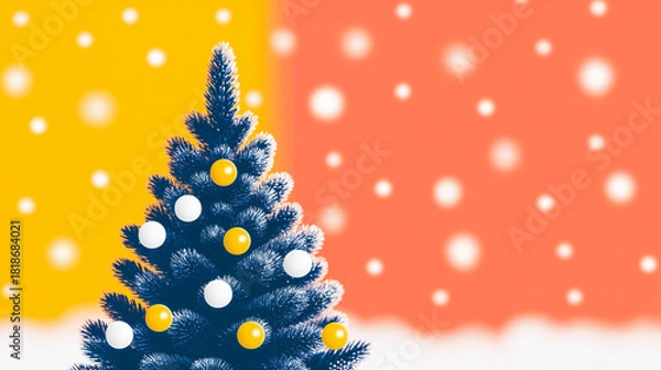 Fototapeta Blue Christmas tree white and yellow ornaments on colorful background. Falling snow bokeh vivid festive atmosphere