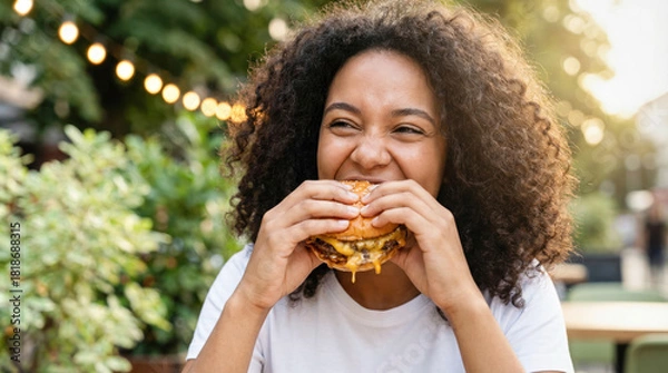 Obraz Young woman with curly hair joyfully enjoying a delicious burger outdoors, surrounded by greenery and warm ambient lighting, capturing a moment of happiness