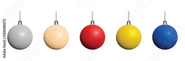 Obraz Shiny glossy Christmas balls set. 3D baubles in silver, red, gold, and blue paint. Christmas and Happy New Year Holiday hanging decoration