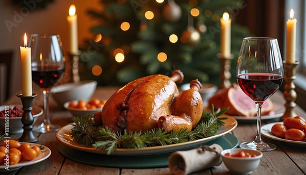 Obraz Roast turkey on festive table with wine and candles during Christmas  