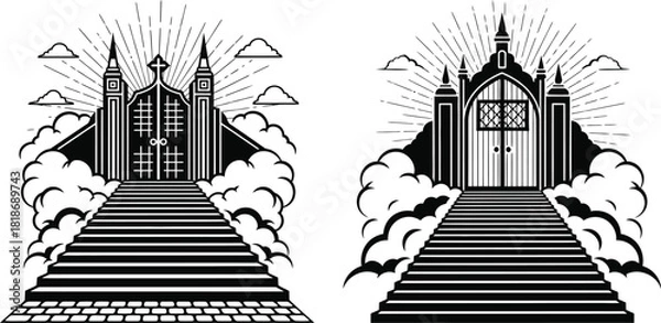 Obraz Two stairways to heaven illustrations with clouds and radiant light art
