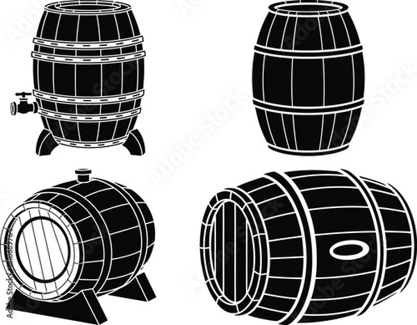 Obraz Collection of four black and white barrel illustrations in various styles