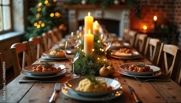 Obraz Festive dining table set for Christmas dinner with candles and decorations  