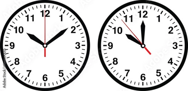 Obraz Two analog clocks showing different times on a white background vector