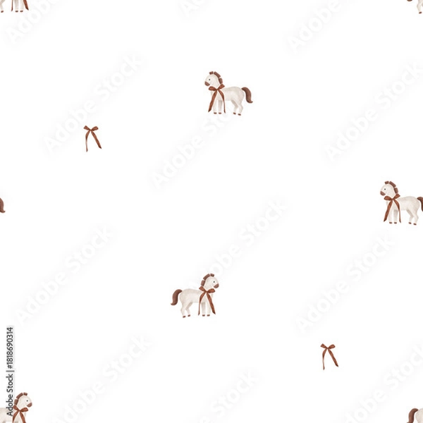 Fototapeta Seamless pattern with illustration horses and burgundy bow Birthday party. Repeat ornament with dark red ribbons bows and animals for Christmas or New years design. Minimalist background for textile.