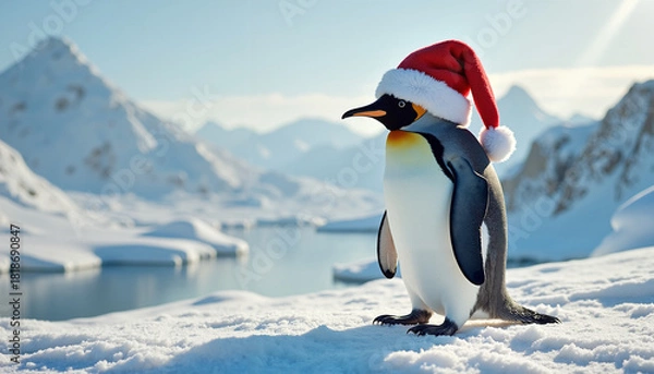 Fototapeta Penguin wearing Santa hat standing on snow by icy mountains  