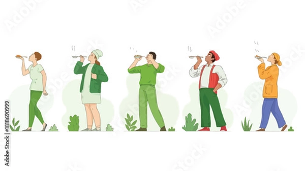 Fototapeta Diverse group of people enjoying delicious food and drinks with steam rising from their meals