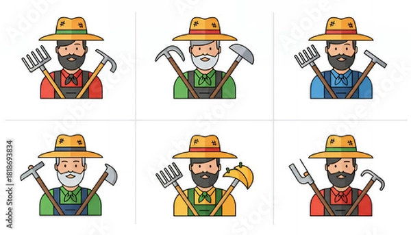 Obraz Colorful farmer icons depict different characters holding various tools, highlighting diverse agricultural roles through simple outlines, bright tones and clear rustic details.