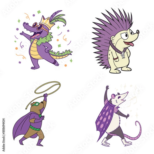 Fototapeta Four cartoon animals dressed in costumes on a white background alligator crocodile