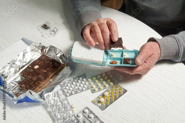 Obraz The hands of an elderly man put pills and pieces of chocolate into a box for daily use.