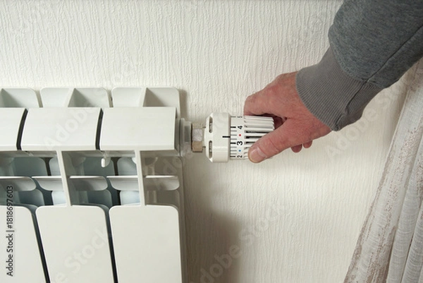 Obraz A man's hand turns the thermostat of a heating radiator to increase or decrease the air temperature in the room.