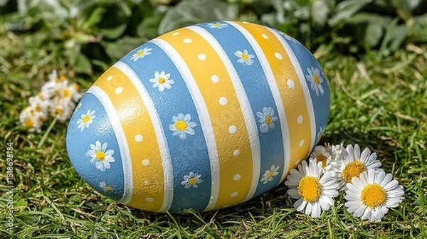 Fototapeta Easter e-commerce hero: hand-painted colorful egg with daisies & stripes, grass close-up, pro color grade—perfect for egg-set promo banner