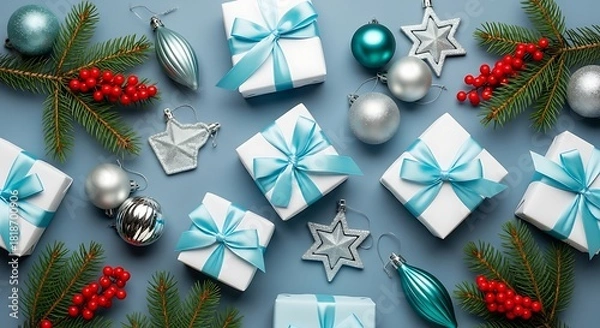 Fototapeta Modern Christmas background showing wrapped gifts, baubles, and red berries scattered on blue