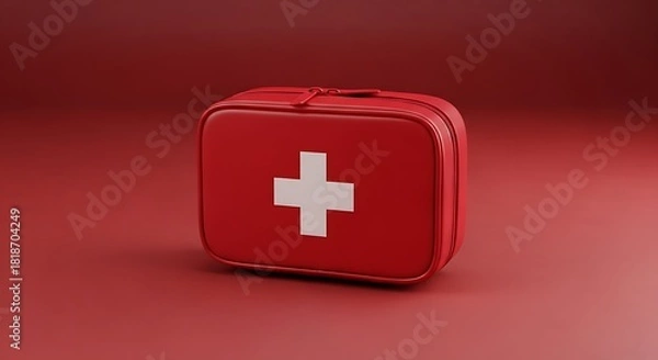 Fototapeta ​A vibrant red first aid supply bag centered on a matching monochromatic red background