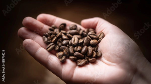 Fototapeta Close-up of roasted coffee beans resting in an open palm with soft warm lighting.