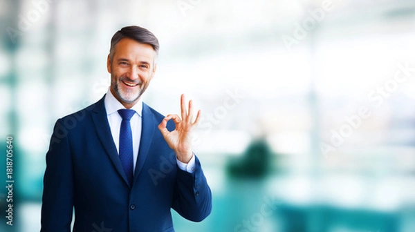 Fototapeta Smiling business professional in suit making OK hand gesture against modern blurred office background.