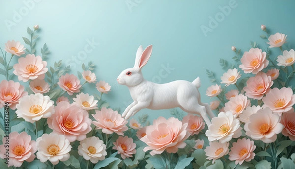 Obraz White Rabbit Standing With Soft Pink Flowers