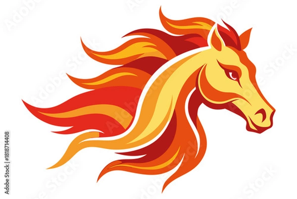Fototapeta Chinese New Year 2026 symbol. Vector illustration of Fire Horse head with flaming mane. Red and orange stylized zodiac animal profile for logo, mascot or holiday design isolated on white background.