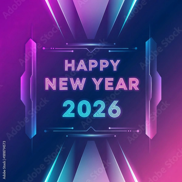 Fototapeta Happy New Year 2026 Neon Glow Poster, Futuristic Gradient Tech Design