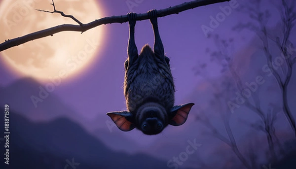 Obraz Hanging Bat Upside Down on Tree Branch at Twilight