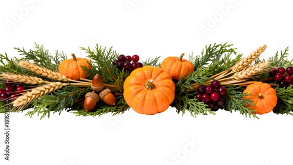 Fototapeta  Autumn Harvest Border with Pumpkins, Wheat Stalks, and Berries Isolated on White