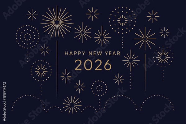 Obraz Happy New Year 2026 Greeting with Minimalist Gold Fireworks on Navy Blue Background