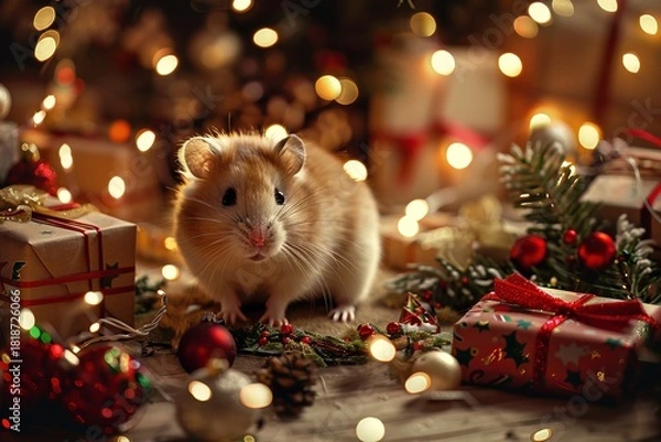 Fototapeta close-up of charming hamster in cozy Christmas setting, with miniature presents and ornaments. theme of holiday cheer, cute animals, seasonal photography, family-friendly content